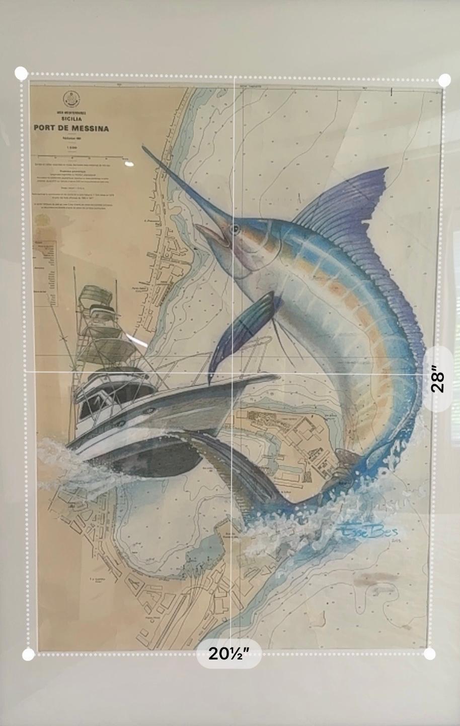 Framed size reference for blue marlin and sportfisher nautical chart artwork