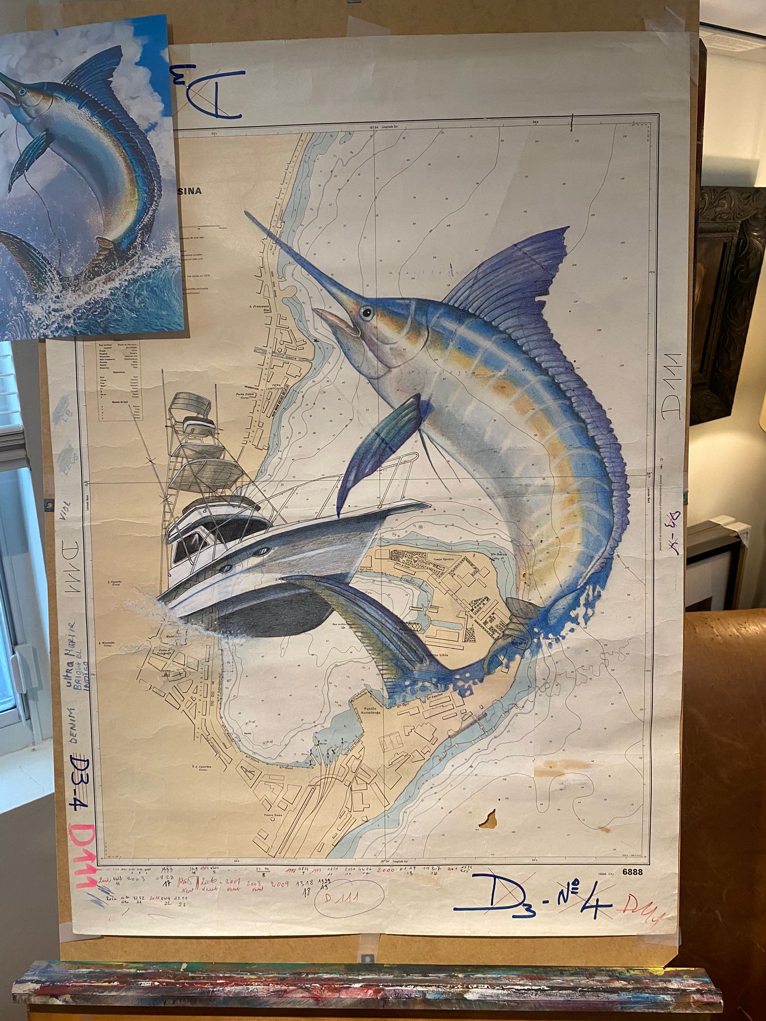 Progress photo of marlin chart artwork