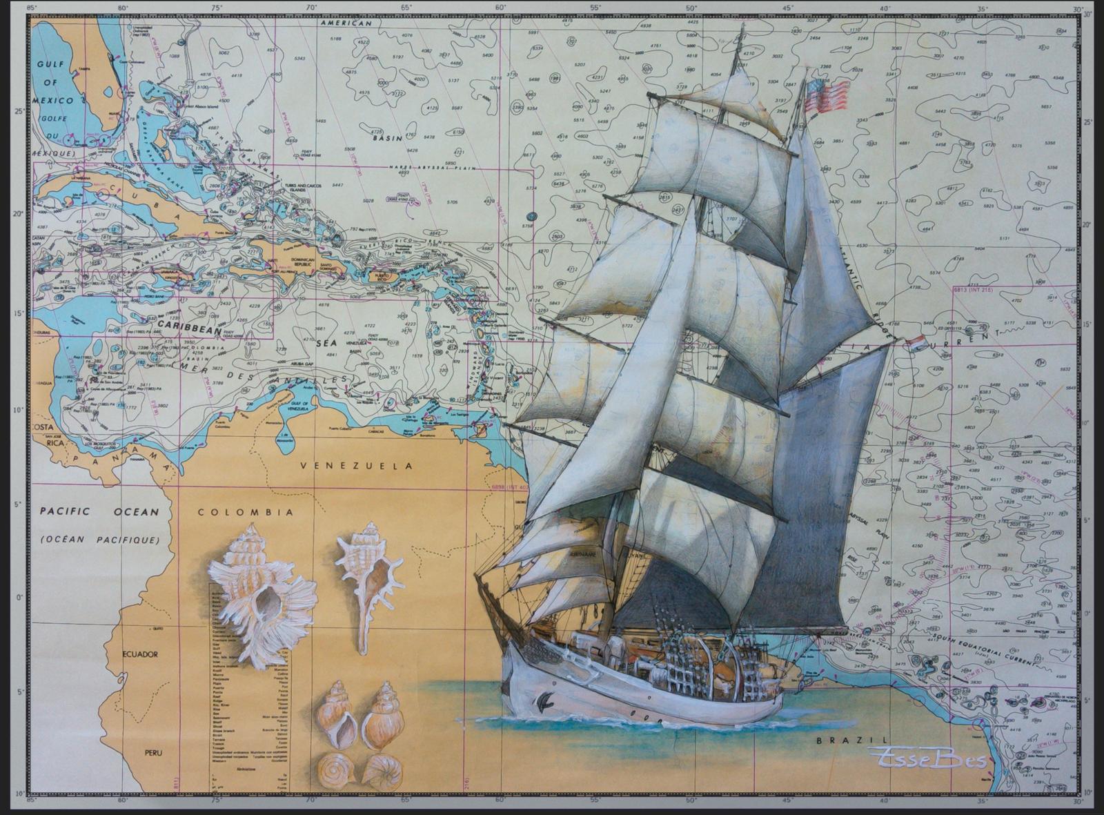 Tall Ship & Shells on Caribbean Nautical Chart